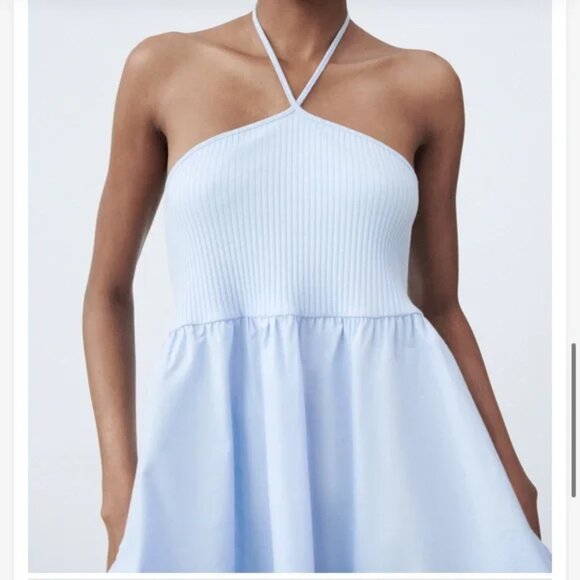 Zara Halter Ribbed Poplin Mini Dress NWT Baby Blue Size Medium - Picture 4 of 9